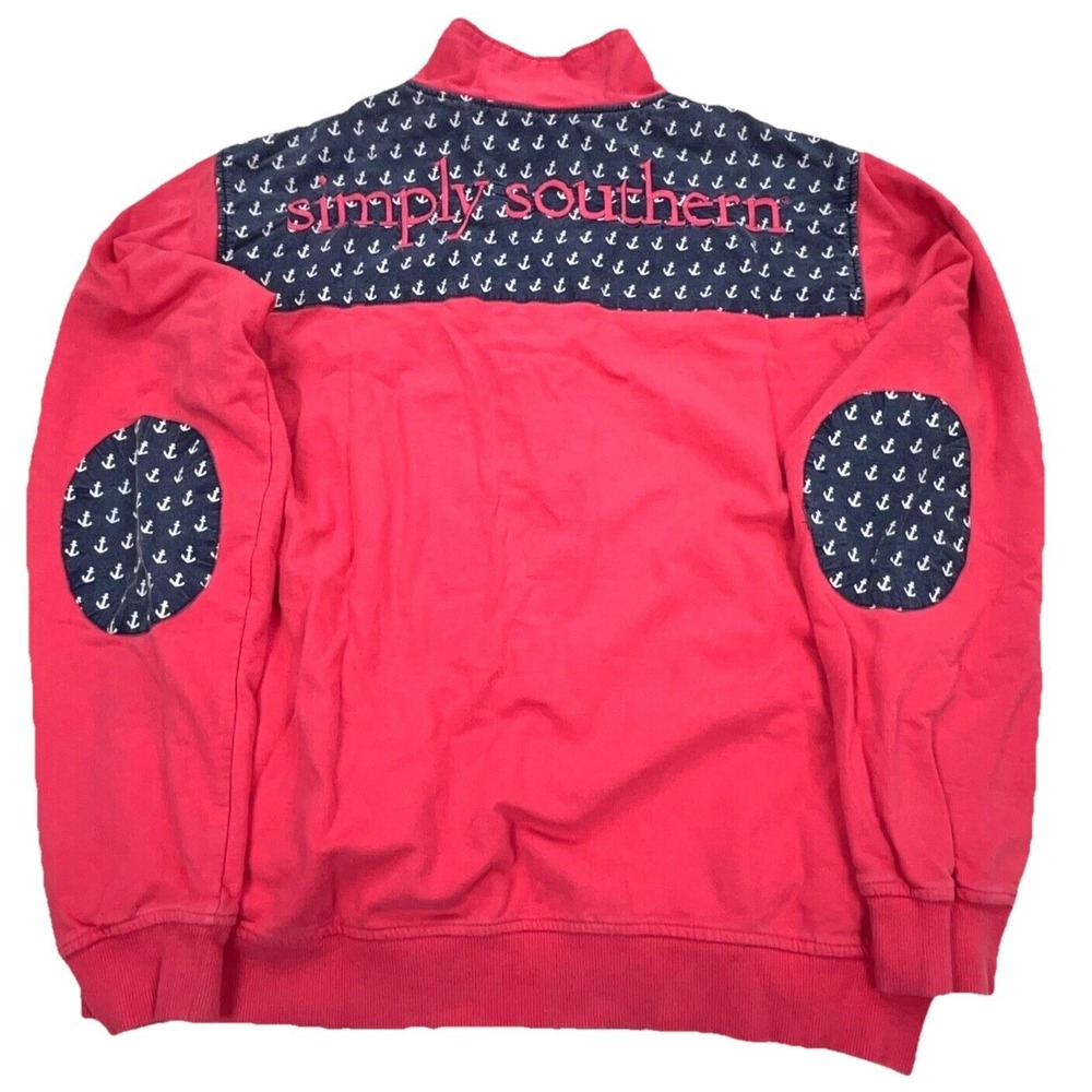 Simply‎ Southern Sweater Women Medium Pink Blue Pullover Sweatshirt Elbow Patch
